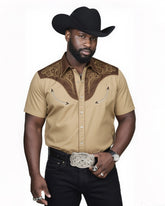 Big & Tall Men's Western Textured Brown Short Sleeve Shirt
